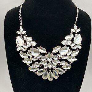 Statement Bib Necklace Silver Tone Faceted Crystal Stones 16 -19in Glam Party